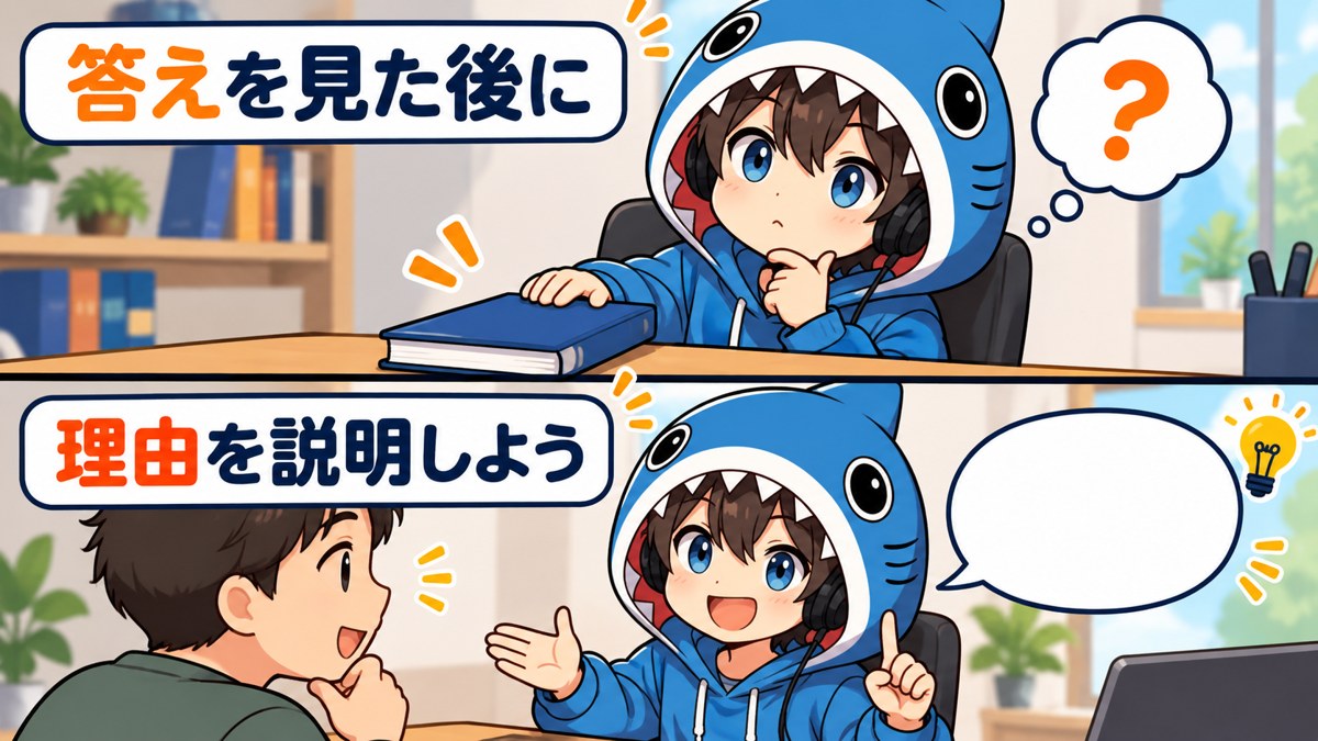 正解の理由を説明して振り返るさめじん