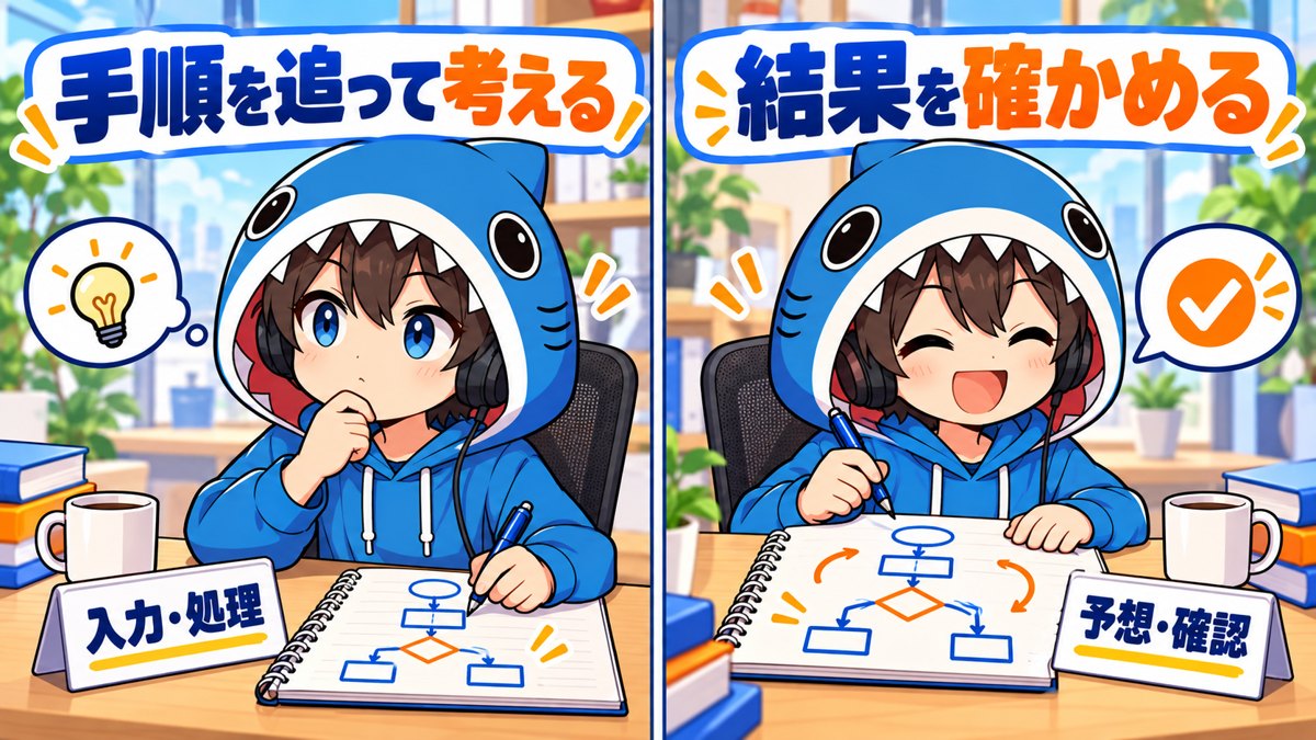 手順を追って入力と処理を考え予想と確認結果を比べるさめじん
