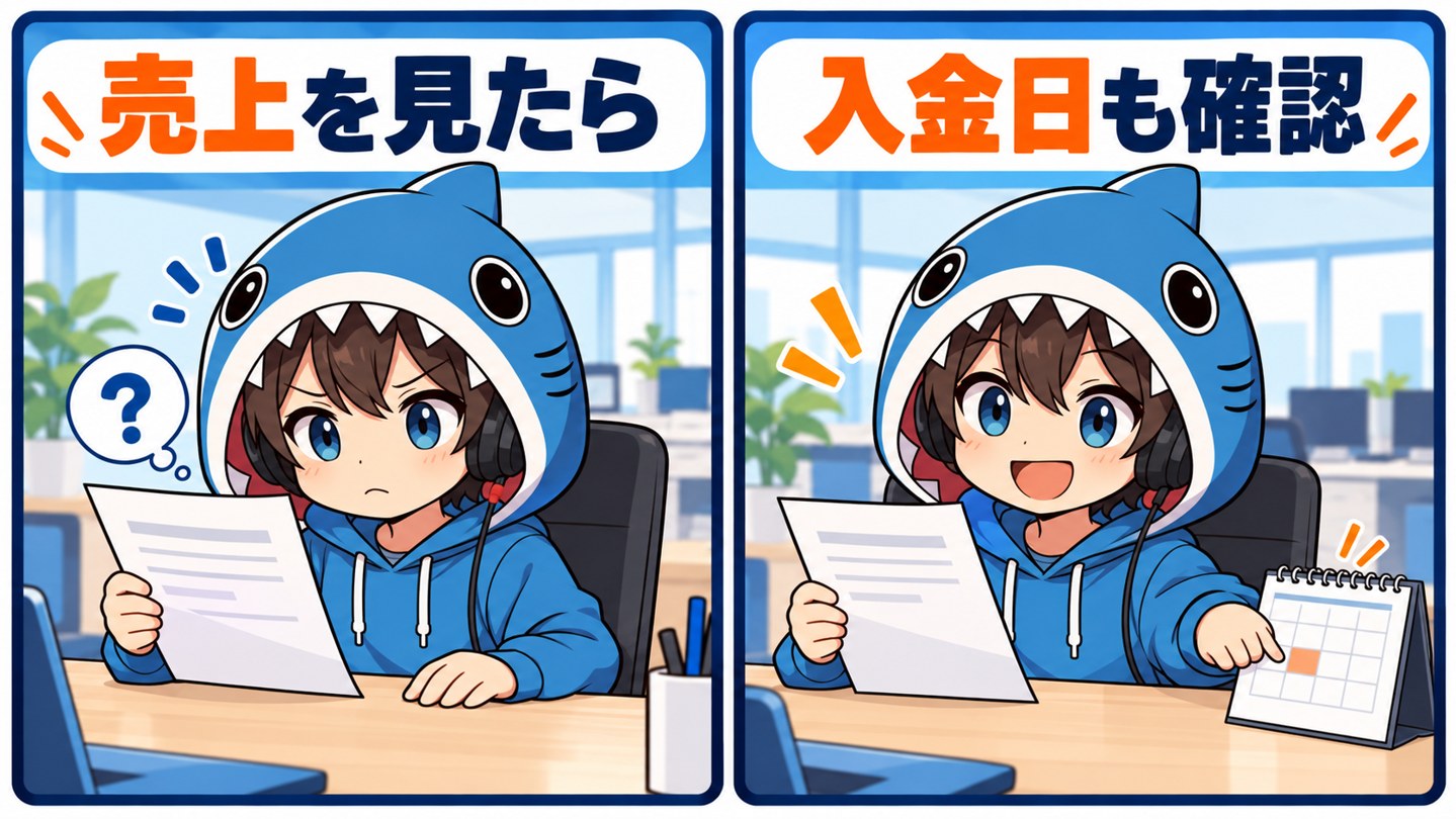 売上を確認した後に入金日も確かめるさめじん2コマ