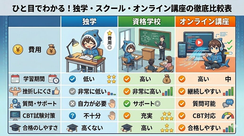 ひと目でわかる！独学・スクール・オンライン講座の徹底比較表