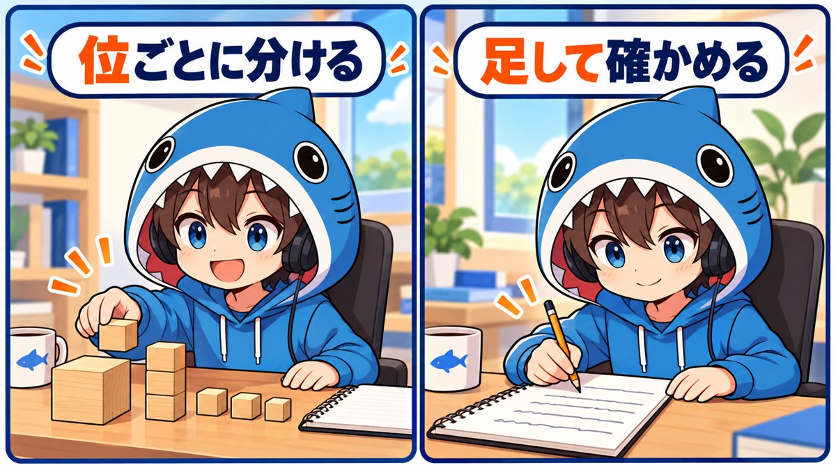 位ごとに分けて足し合わせる考え方を示すさめじんの2コマ漫画