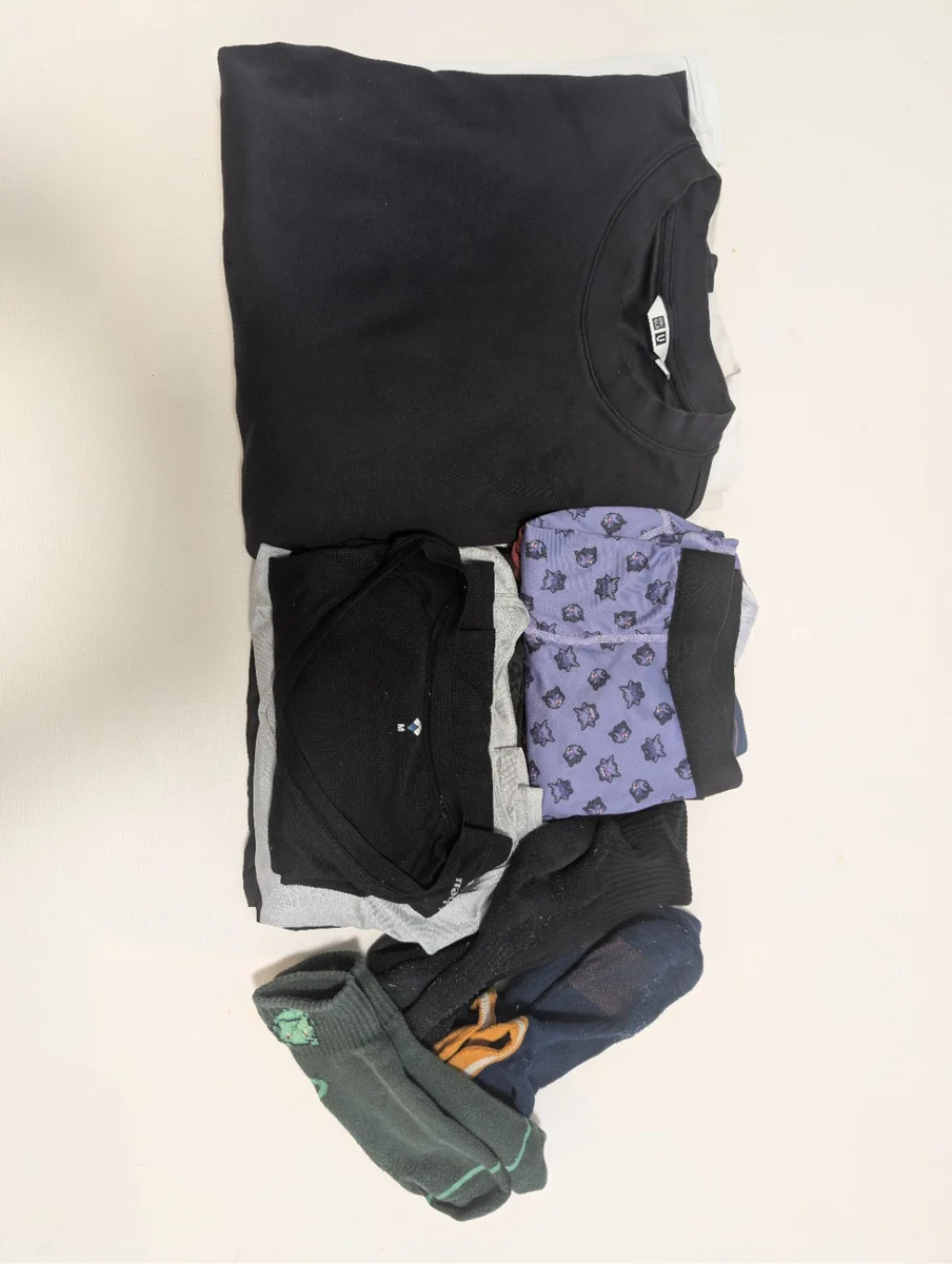 出張用に並べたTシャツ、インナーシャツ、下着、靴下