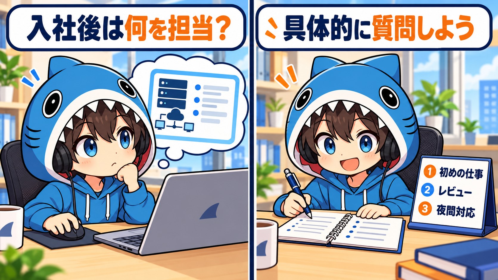 入社後に担う仕事とレビューや配属条件を具体的に質問するさめじん