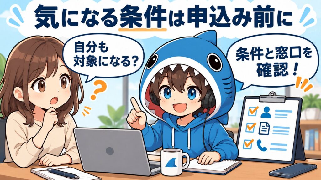自分も対象になるかという質問へ条件と窓口を確認と答えるさめじんの説明用漫画