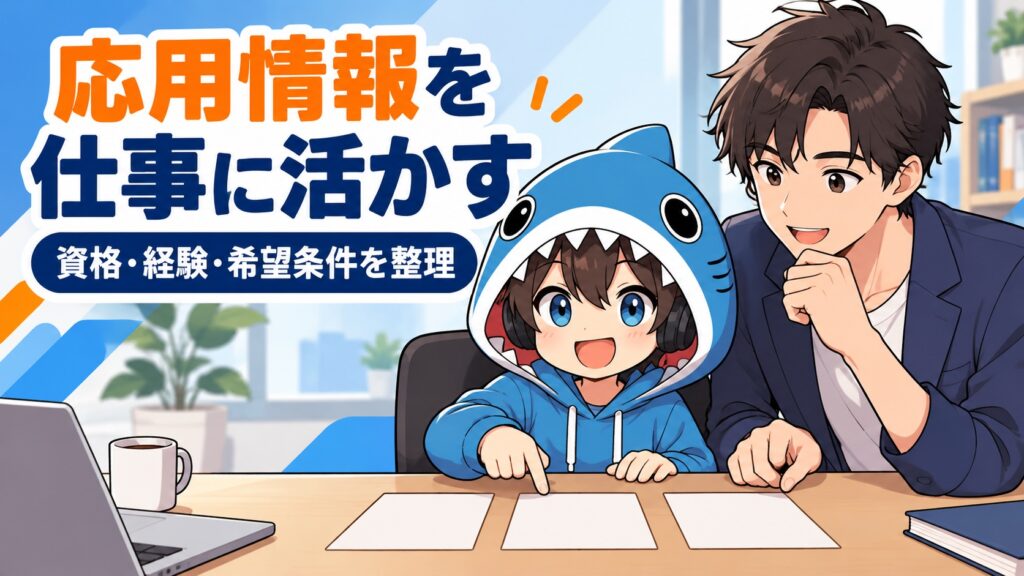 応用情報を仕事に活かすため資格・経験・希望条件を整理するさめじんと技術者のイメージ