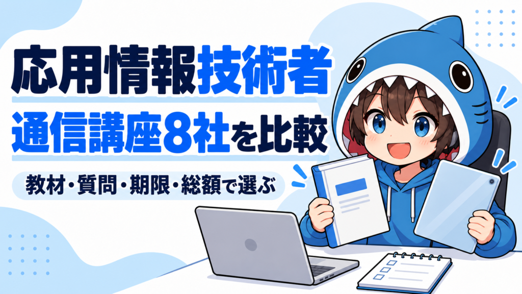 応用情報技術者の通信講座8社を、教材・質問・期限・総額で比較。青いサメフードのさめじんが案内。