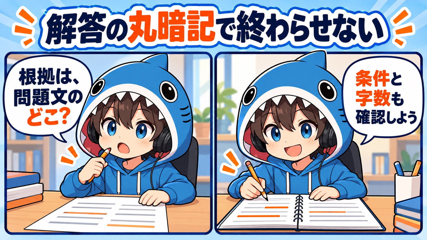 問題文の根拠を探し、条件と字数も確認するさめじんの2コマ漫画