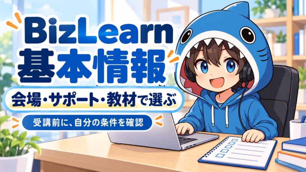 BizLearn基本情報講座を会場・サポート・教材の条件で選ぶことを案内するさめじん