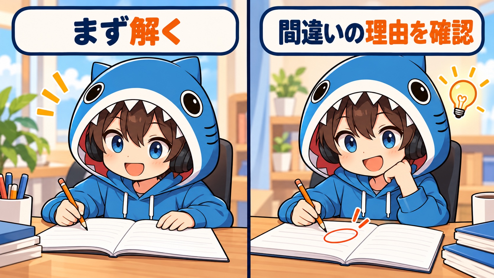 問題を解き、間違いの理由を確かめるさめじんの2コマ