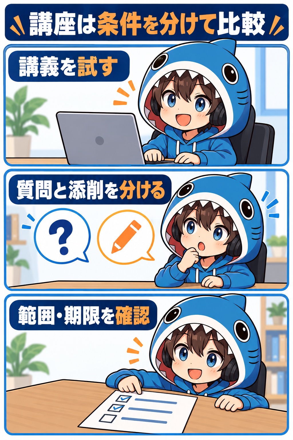 講義を試し、質問と添削を分け、範囲と期限を確認するさめじんの3コマ漫画