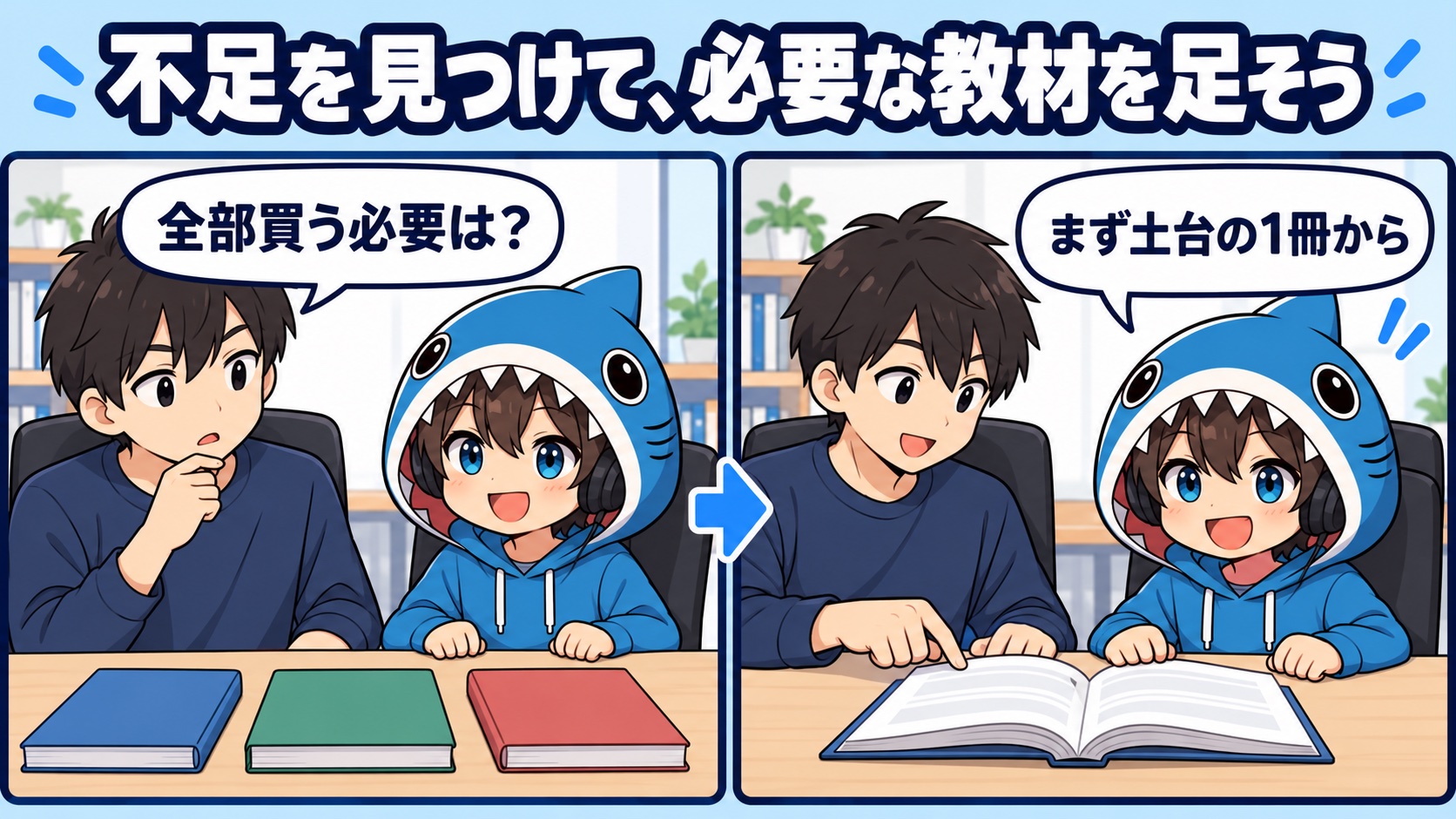 教材を全部買わず土台の1冊から選ぶさめじんと読者役の2コマ漫画