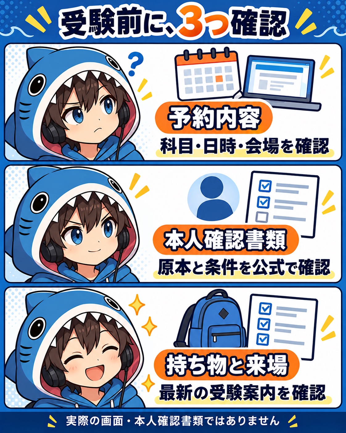 予約内容、本人確認書類、持ち物と来場を順に確認するさめじんの準備漫画