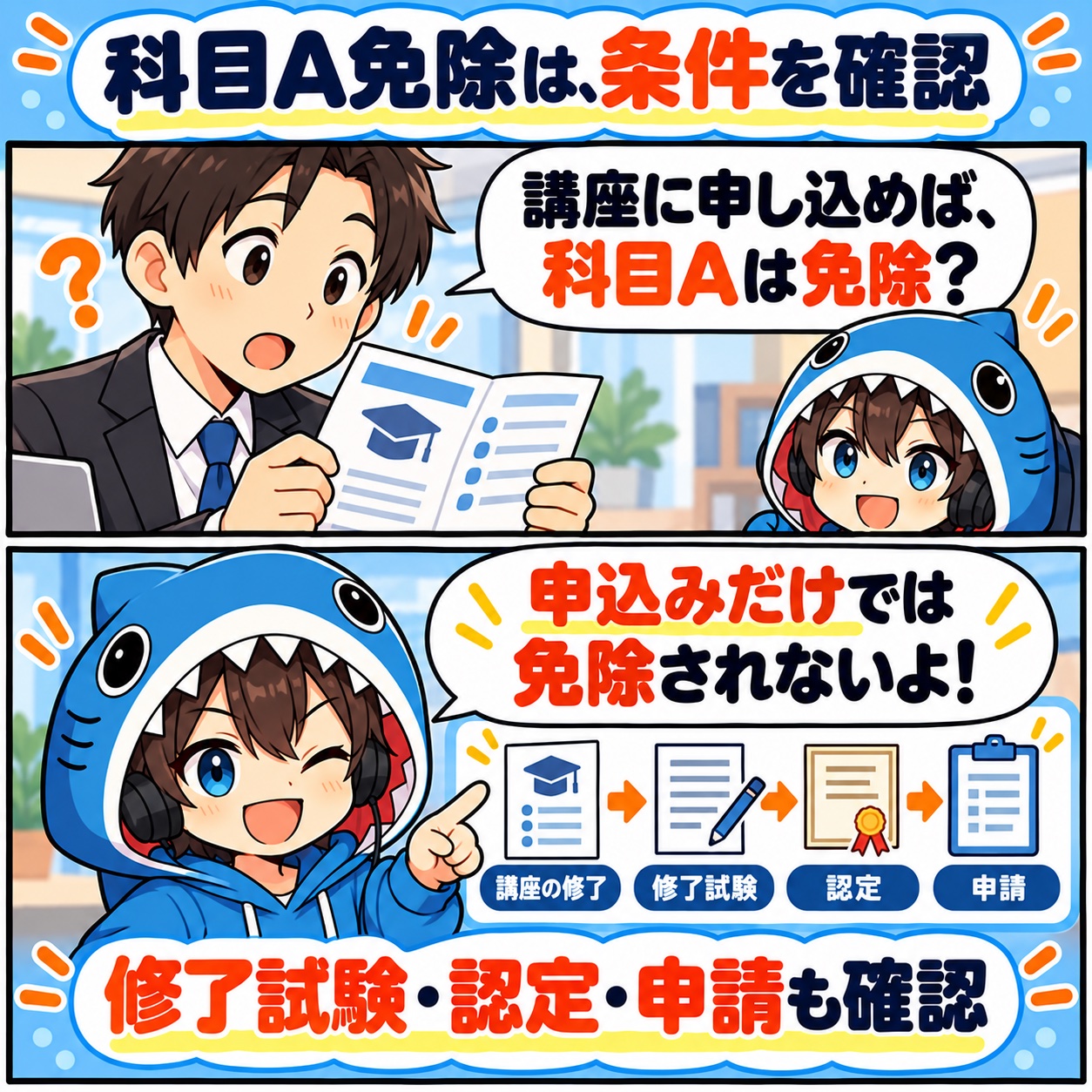 講座申込だけでは科目A免除にならず、修了試験・認定・免除申請が必要だと案内するさめじん