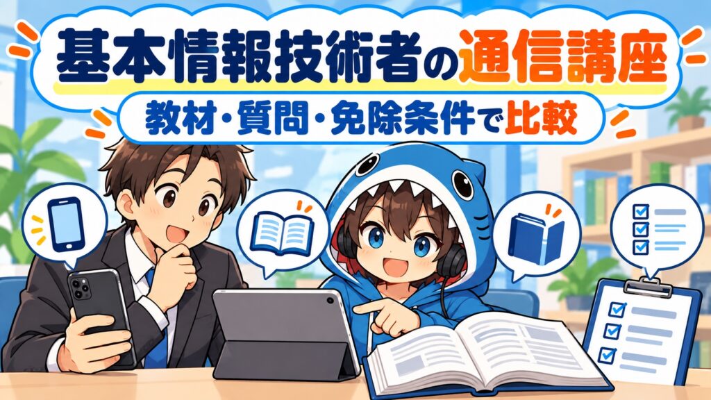 さめじんと学習者が基本情報技術者の通信講座を、教材・質問・免除条件から比較するイラスト