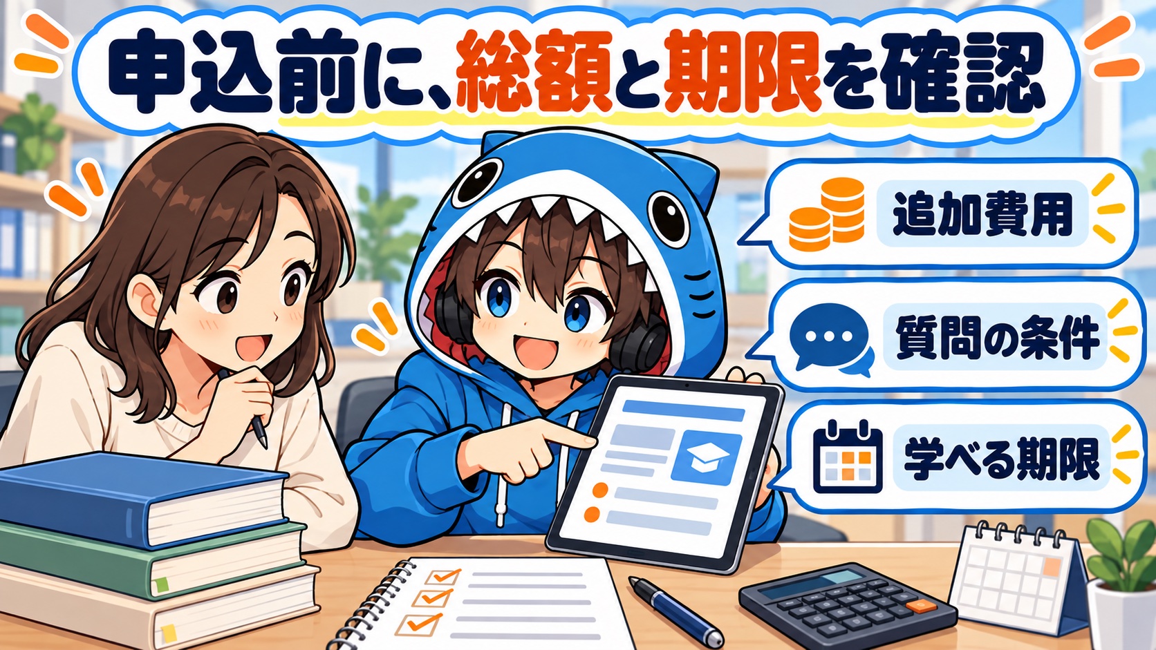 さめじんと学習者が講座の費用・質問条件・学習期限を確認する場面