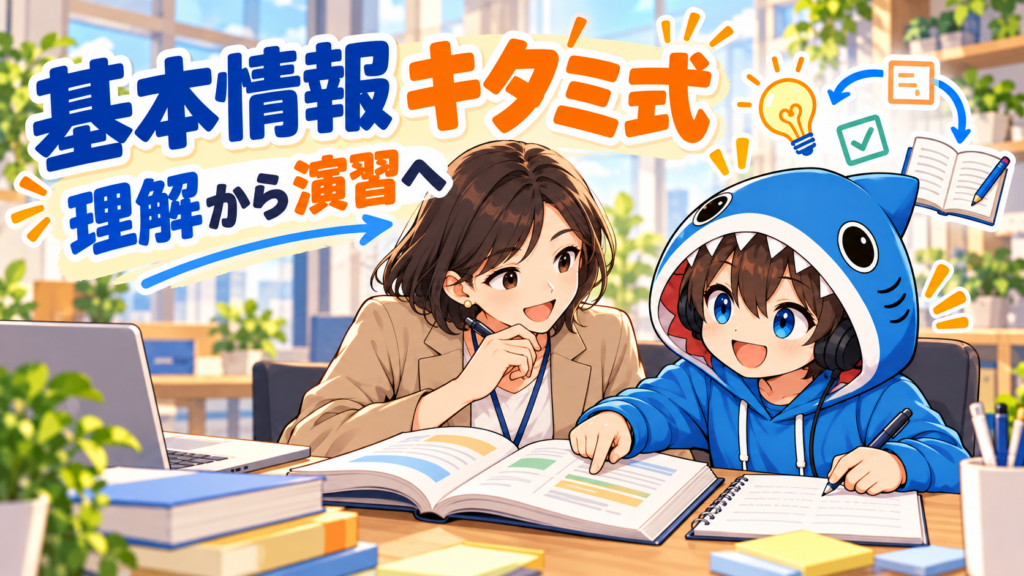 基本情報のキタミ式で理解を深め、問題演習へ進む学習者とさめじん