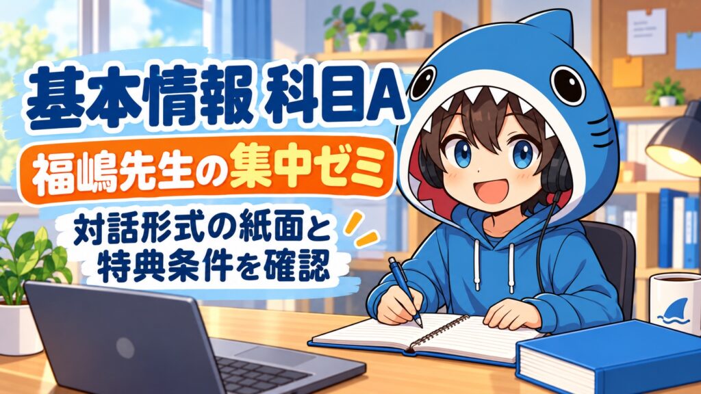 福嶋先生の集中ゼミ科目A編の紙面と特典条件を案内するさめじん