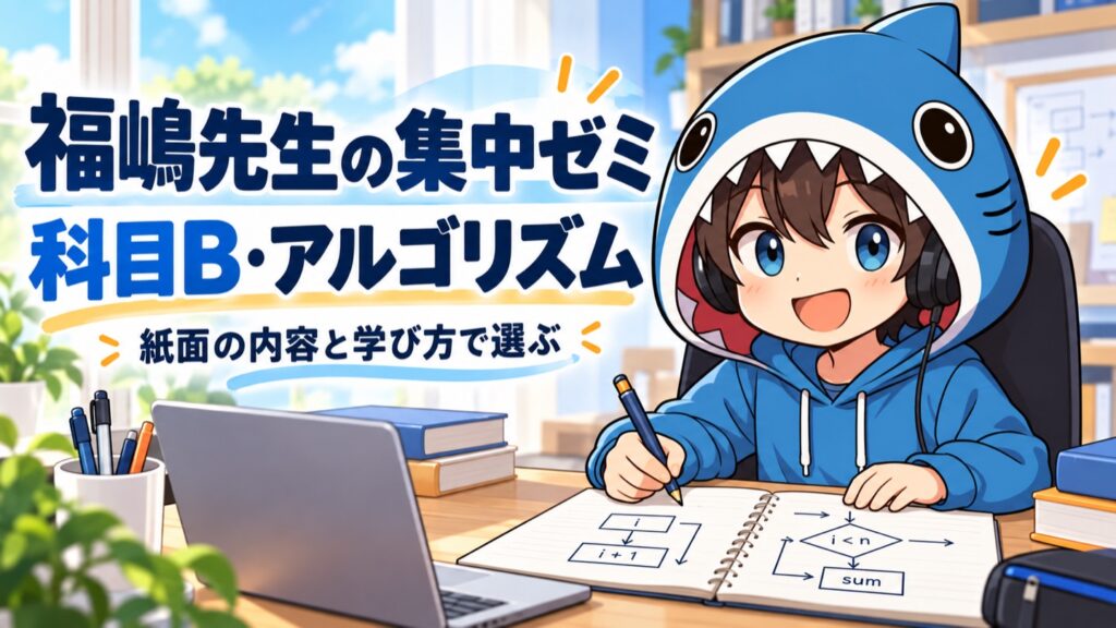 福嶋先生の科目Bアルゴリズム教材の紙面と学び方を案内するさめじん