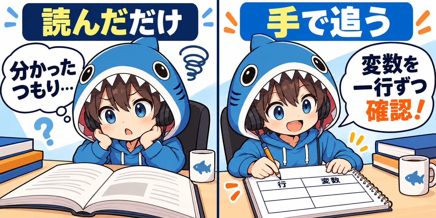 変数を一行ずつ手で追う学習を説明するさめじんの2コマ漫画