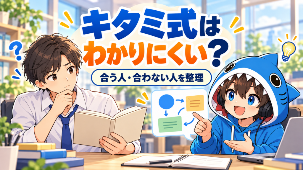 キタミ式が合う人・合わない人を考える学習者と、青いサメのフード姿のさめじん