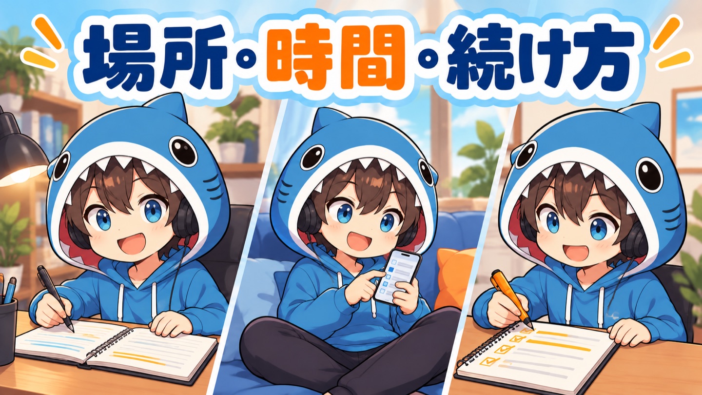 机での学習・スマホの復習・ノートの確認を組み合わせるさめじん