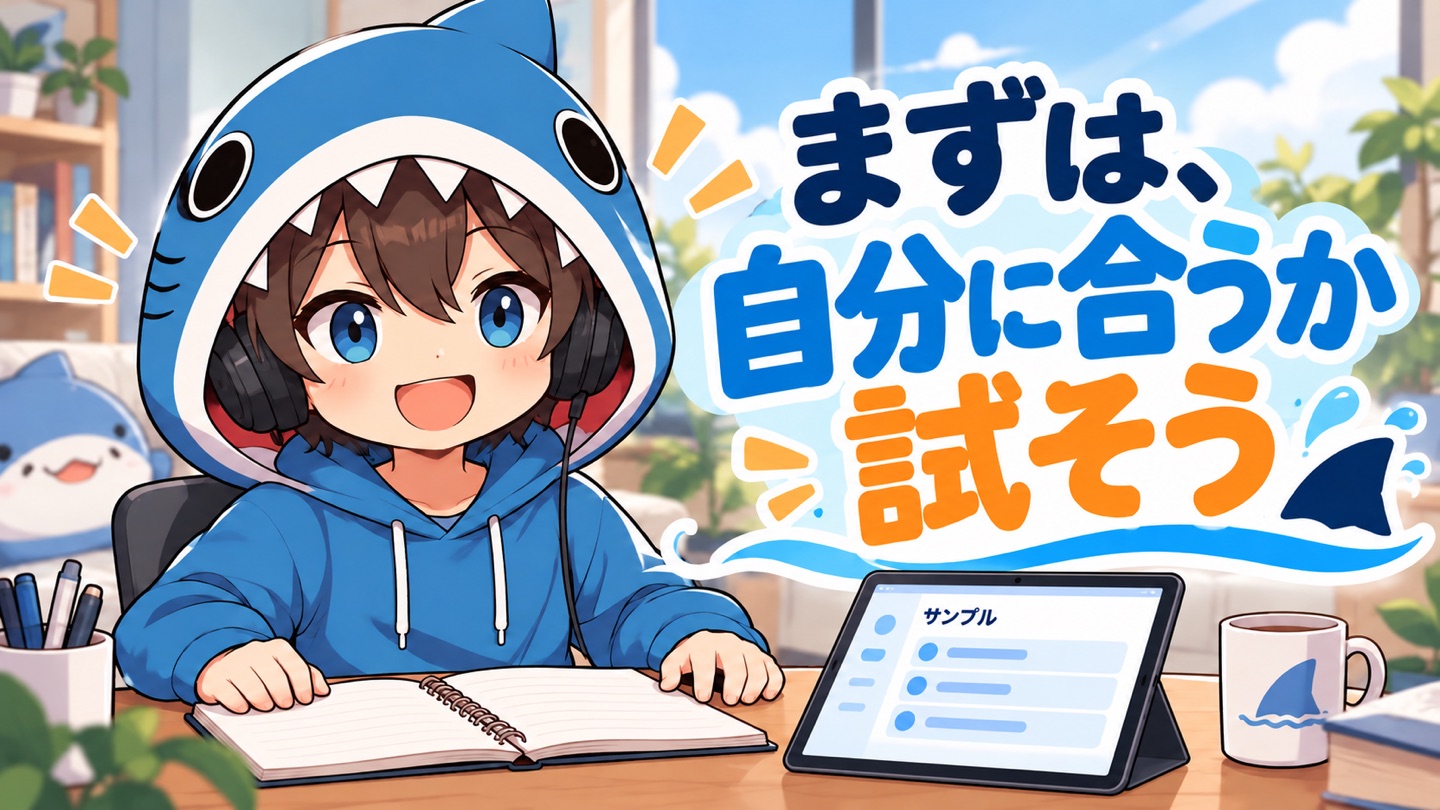 タブレットのサンプル画面を確認し、自分に合う学び方を考えるさめじん