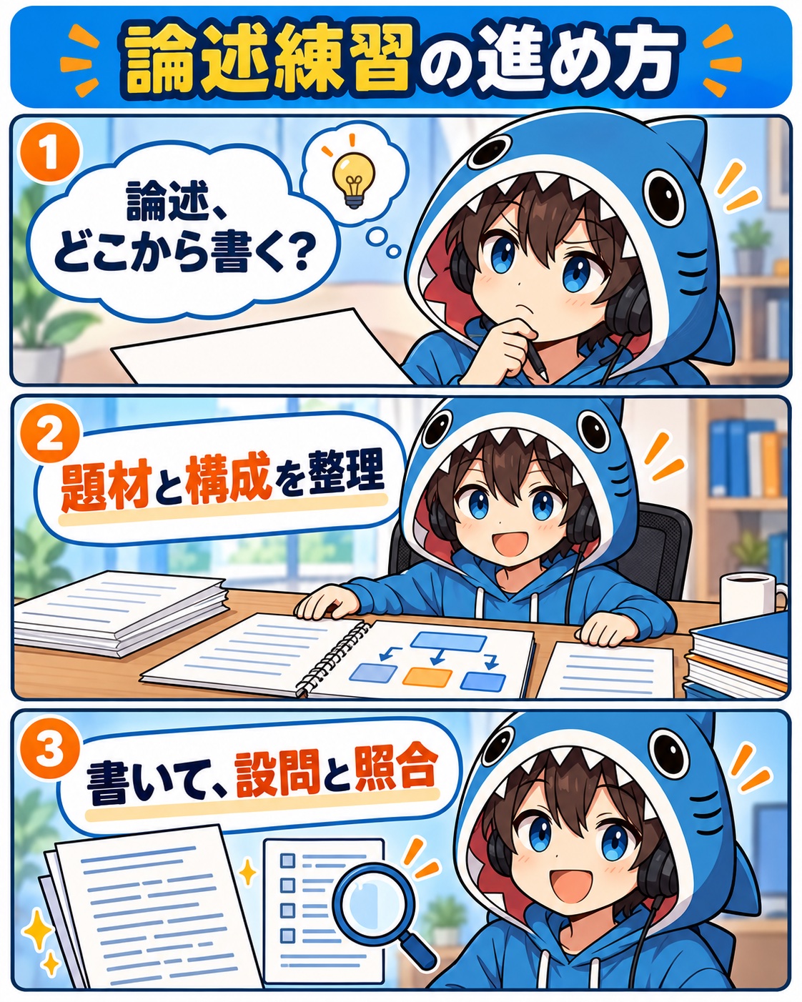 論述の題材と構成を整理し、自分で書いて設問と照合するさめじんの3コマ漫画